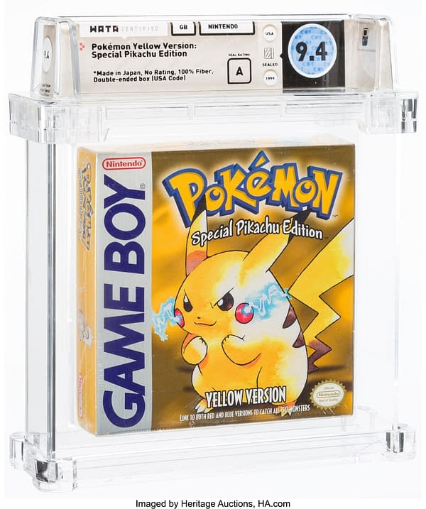 The front face of the graded, sealed copy of Pokémon Yellow Version: Special Pikachu Edition for the Nintendo Game Boy handheld device. Currently available at auction on Heritage Auctions' website.
