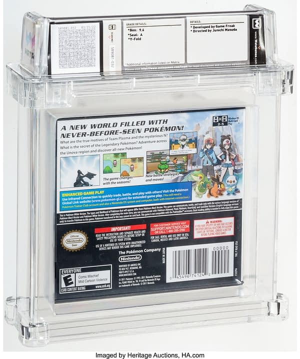 The rear face of the sealed copy of Pokémon White Version for the Nintendo DS handheld gaming device. Currently available at auction on Heritage Auctions' website.