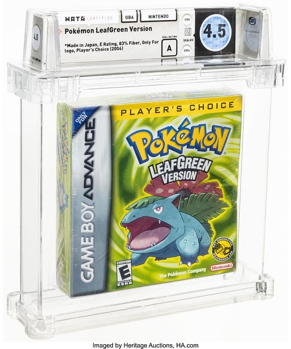 The front face of the sealed box for Pokémon Leaf Green, a game for the Game Boy Advance. Currently available at auction on Heritage Auctions' website.