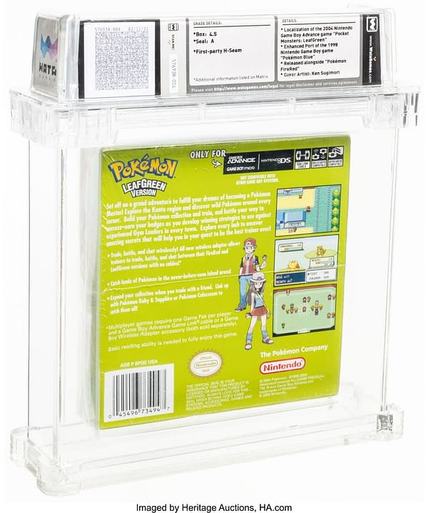 The back face of the sealed box for Pokémon Leaf Green, a game for the Game Boy Advance. Currently available at auction on Heritage Auctions' website.