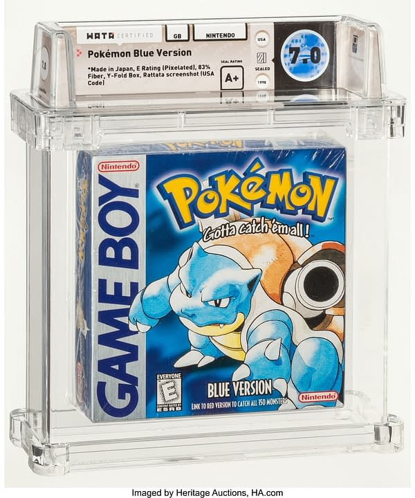 The front face of the sealed, graded copy of Pokémon Blue Version for the Nintendo Game Boy handheld gaming device. Currently available at auction on Heritage Auctions' website.
