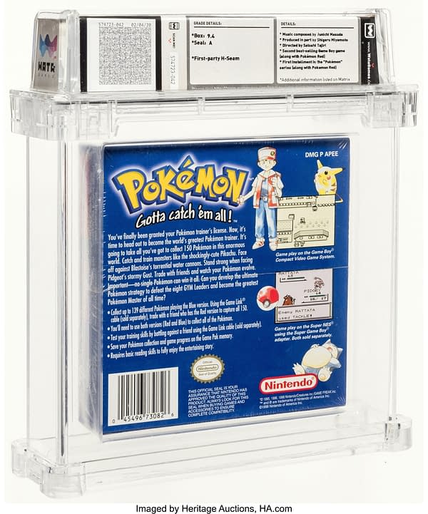 The back face of the box for the sealed, graded copy of Pokémon Blue Version for the Nintendo Game Boy. Currently available at auction on Heritage Auctions' website.