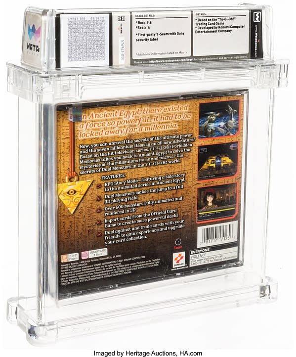 The rear face of the packaging for Yu-Gi-Oh! Forbidden Memories, a game by Konami. Currently available on auction at Heritage Auctions' website.