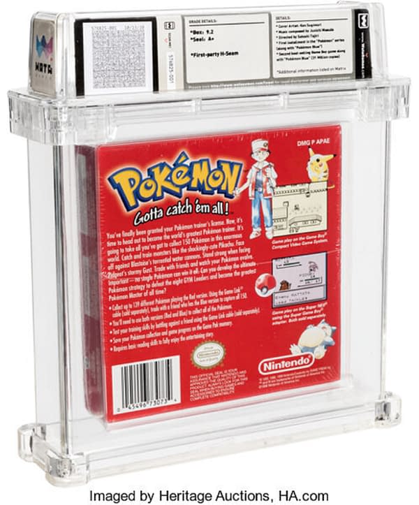 The back cover of Pokémon Red Version, a magnificent sealed game in great condition, up for auction at Heritage Auctions right now! Note the Pidgey versus Rattata battle in the screenshot on the back of the box.