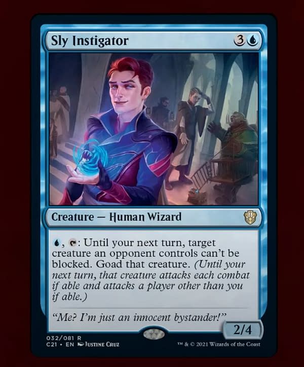 Sly Instigator, a new card from the "Prismari Performance" preconstructed deck from Commander 2021. Image from Commander VS at Star City Games.