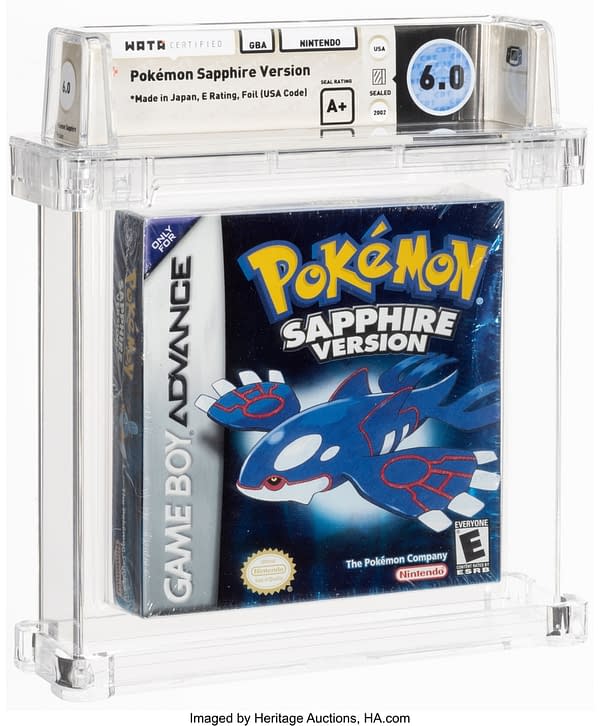 The front face of the graded, sealed copy of Pokémon Sapphire Version for the Nintendo Game Boy Advance handheld device. Currently available at auction on Heritage Auctions' website.