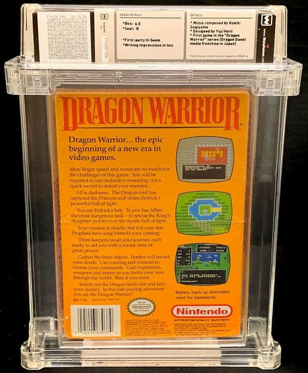 The back of the box for the graded copy of Dragon Warrior for the NES. Currently available on auction at Comic Connect's website.