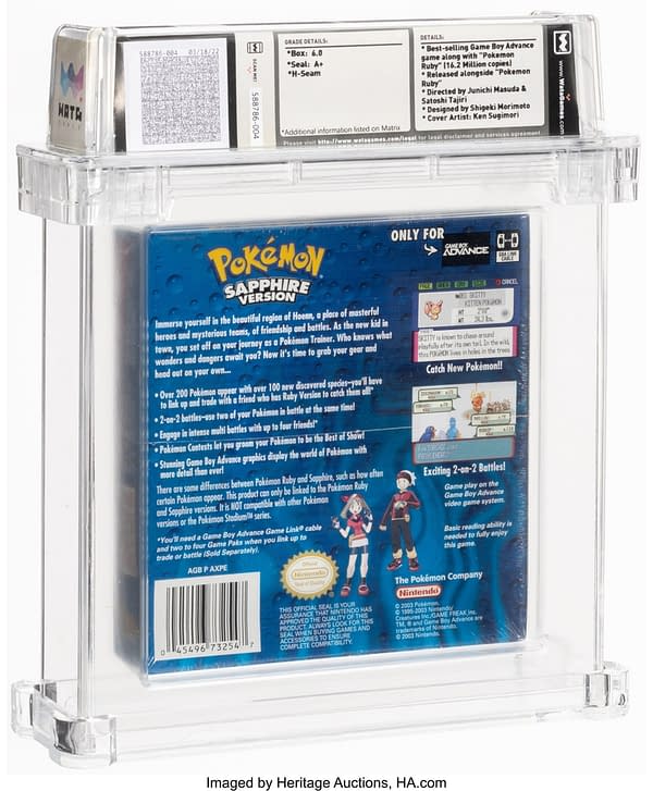 The back face of the graded, sealed copy of Pokémon Sapphire Version for the Nintendo Game Boy Advance handheld device. Currently available at auction on Heritage Auctions' website.