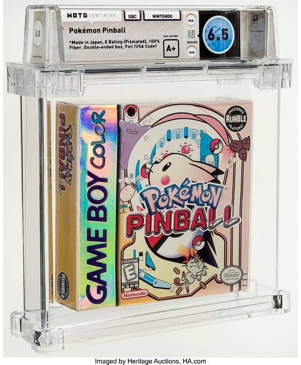 The front face of the box for Pokémon Pinball, a game for the Nintendo Game Boy Color handheld gaming device. As can be seen, this game's box is a bit sun-faded. Currently available at auction on Heritage Auctions' website.