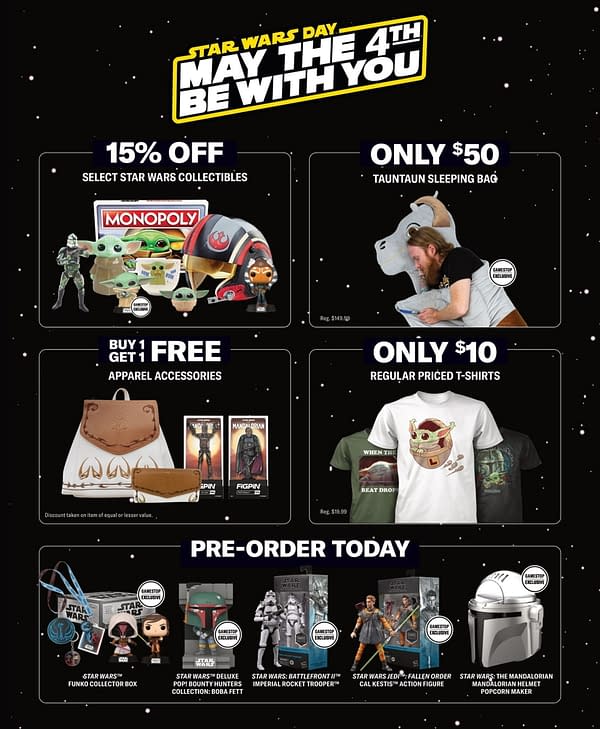 A flyer from Gamestop detailing some of the Star Wars Day bill of fare on sale from May 2nd until May 8th.