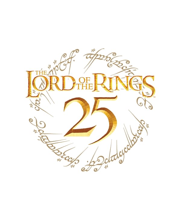 The logo for the 25th anniversary of 'The Lord of the Rings,' featuring the title in stylized golden letters, with the number '25' prominently displayed in a matching style. Elvish script forms a circular pattern around the text.