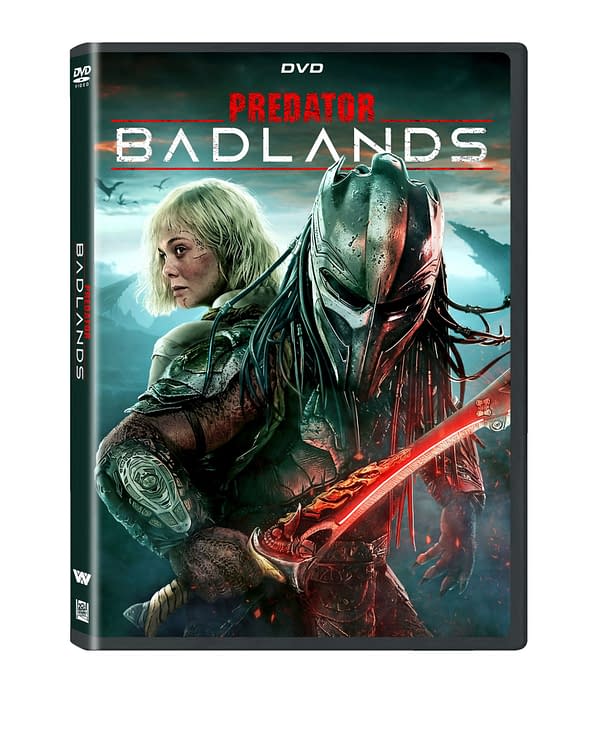 The DVD cover for 'Predator: Badlands' features a fierce alien predator holding a glowing red sword, alongside a young woman with short blonde hair. The background showcases a dramatic landscape, enhancing the film's intense atmosphere.