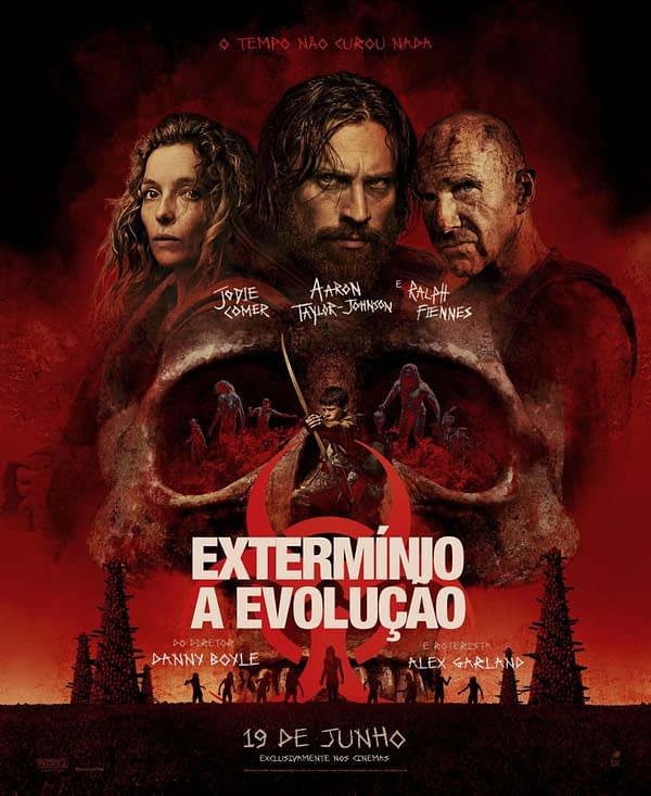 A movie poster for 'Extermínio: A Evolução,' featuring actors Joie Comer, Aaron Taylor-Johnson, and Ralph Fiennes prominently displayed. The background is dark and red, evoking a sense of horror and tension, with graphic imagery that suggests themes of survival and conflict.