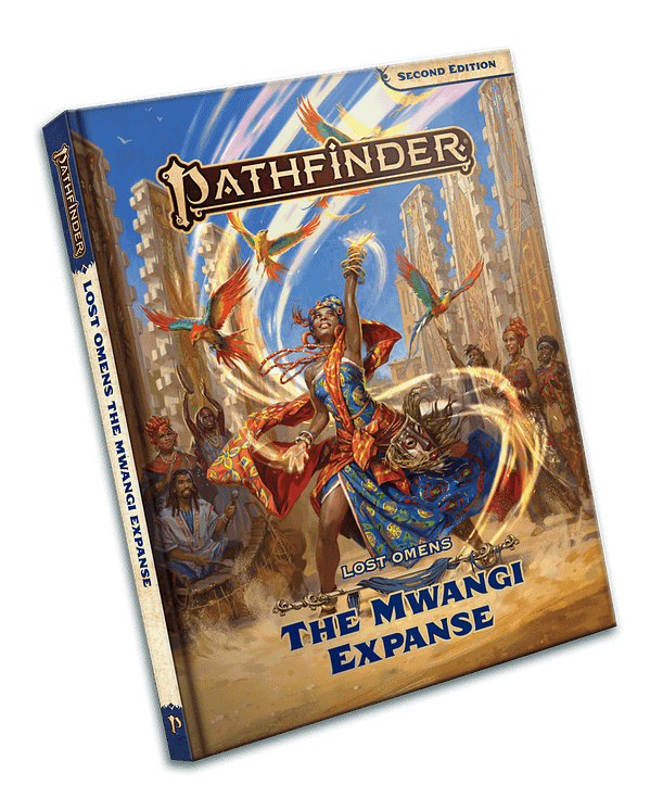 An image of the hardcover copy of Pathfinder: Lost Omens - The Mwangi Expanse, a new sourcebook for players of Paizo's fantasy role-playing game.