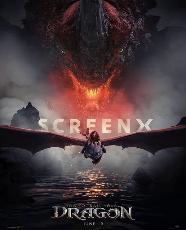 A promotional poster for 'How to Train Your Dragon,' featuring a character flying on a dragon over a dark body of water with a large dragon's head looming menacingly in the background. The text 'SCREEN X' is prominently displayed, with the release date 'June 13' at the bottom.