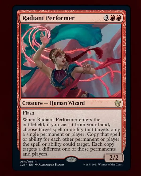 Radiant Performer, a new card from the "Prismari Performance" preconstructed deck from Commander 2021. Image from Commander VS at Star City Games.