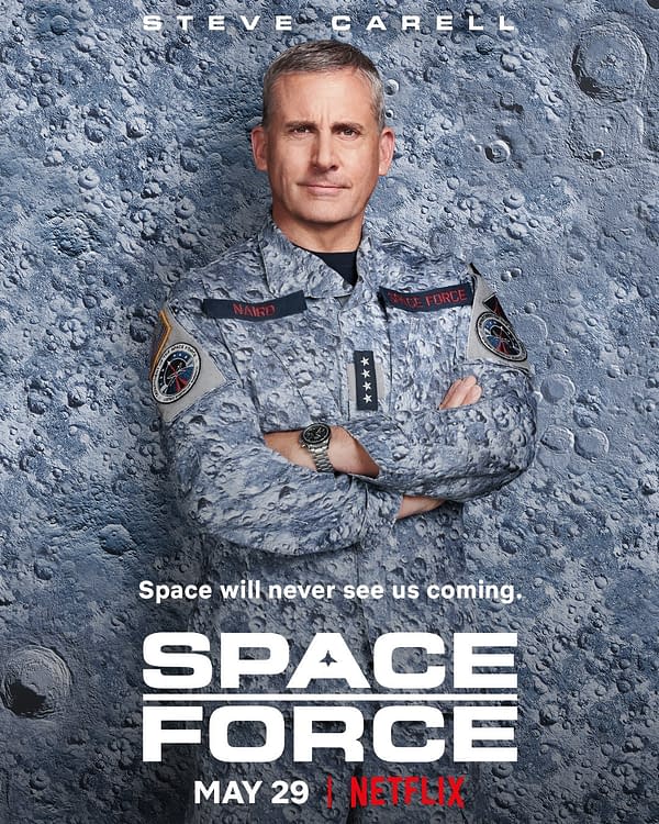 Steve Carell rocks the latest in lunar camo in Space Force, courtesy of Netflix.