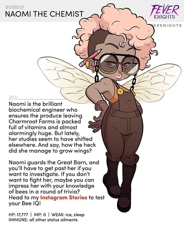 Adam Ellis's concept art design for Naomi the Chemist, a non-player character from Fever Knights.