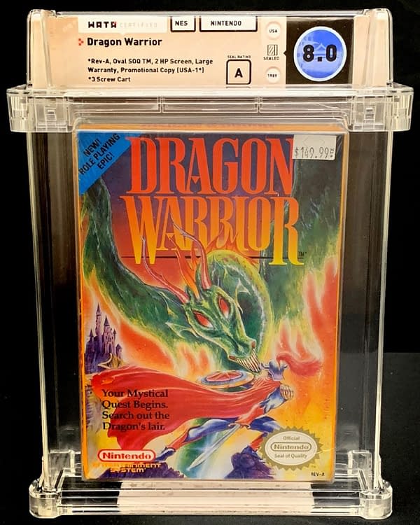 The front of the box for this graded copy of Dragon Warrior for the Nintendo Entertainment System. Currently available on auction at ComicConnect's website.