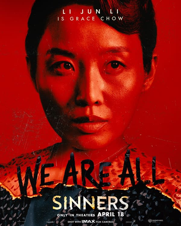 A dramatic movie poster featuring a close-up of a woman's face, illuminated against a red background. The text includes 'We Are All Sinners' along with the release date and credits.