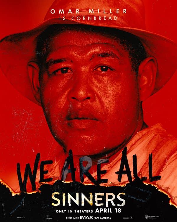 A dramatic movie poster featuring a man in a broad-brimmed hat, set against a red background. The text displays 'OMAR MILLER IS CORNBREAD' and 'WE ARE ALL SINNERS.'