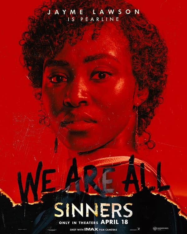 A film poster featuring a close-up of a Black woman with curly hair, set against a bold red background. The text prominently displays her name, Jayme Lawson, and the title 'We Are All Sinners'.