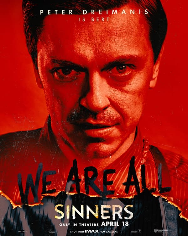 A promotional poster for a film featuring a man with dark hair and intense eyes, set against a red background. The text states "WE ARE ALL SINNERS" along with the actor's name, Peter Dreimanis, and the release date, April 18.