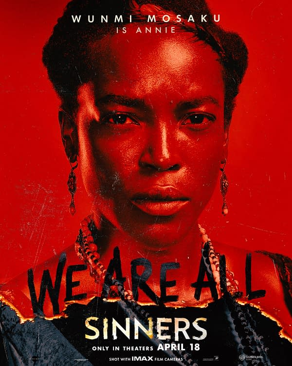 A striking promotional poster for Sinnersfeaturing a close-up of a woman with a serious expression, set against a deep red background. Bold text at the bottom reads 'WE ARE ALL SINNERS,' with additional text indicating the film's release date.