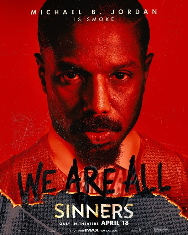 A dramatic promotional poster for Sinners featuring a close-up of a man with a serious expression set against a red background. The text overlay includes the name 'Michael B. Jordan' and the phrase 'We Are All Sinners.'