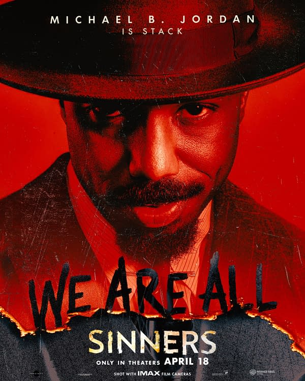 A dramatic movie poster for Sinners featuring a man wearing a fedora, looking intently at the viewer. The background is a striking red, and the poster includes the text 'WE ARE ALL SINNERS' and details about the film release date.