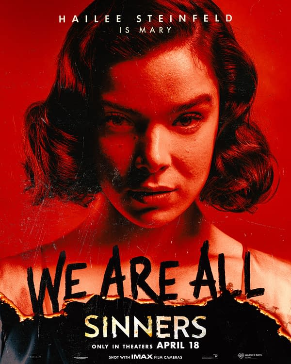 A dramatic movie poster for Sinners featuring a close-up of Hailee Steinfeld as Mary, with a striking red background and bold text stating 'WE ARE ALL SINNERS.'