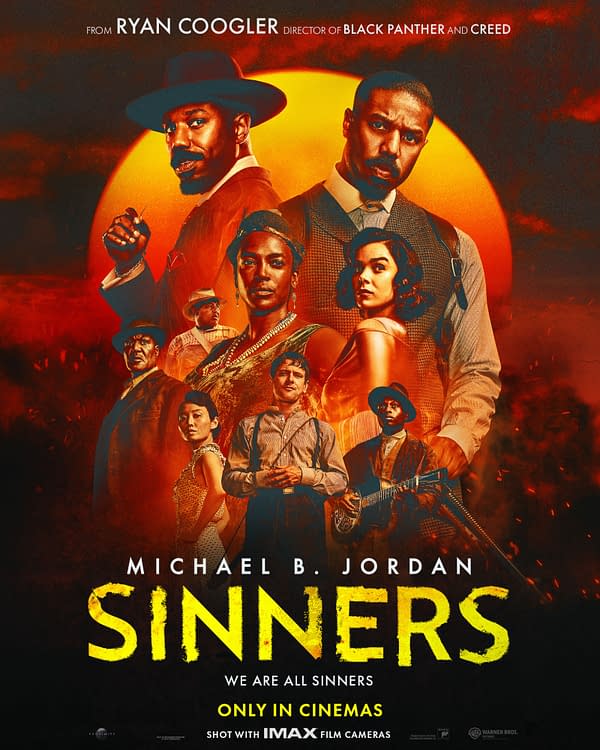 A movie poster for 'Sinners' featuring a diverse group of characters against a fiery orange background with a prominent sun. The title 'Sinners' is displayed in large, bold letters, and the tagline 'We Are All Sinners' is included, along with credits to director Ryan Coogler and a note that it is shown in cinemas.