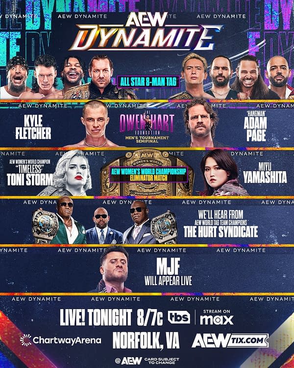 A promotional graphic for AEW Dynamite featuring various wrestlers, including MJF and Kyle Fletcher, with details about matches and event information.