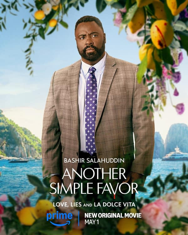 A promotional poster for the movie "Another Simple Favor" featuring Bashir Salahuddin in a plaid suit, looking serious against a backdrop of floral greenery and a coastal landscape. The poster includes the movie title, tagline "Love, Lies and La Dolce Vita," and release date details.