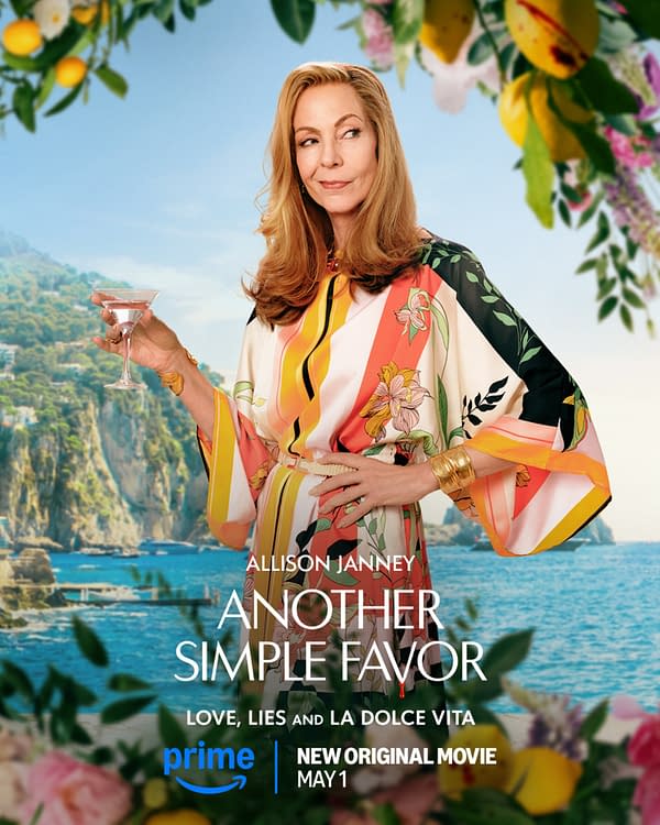 A woman with long, wavy hair is holding a cocktail glass, wearing a colorful floral dress against a coastal background. The text overlay includes the title 'ANOTHER SIMPLE FAVOR' and promotional details for the movie premiering on Prime.