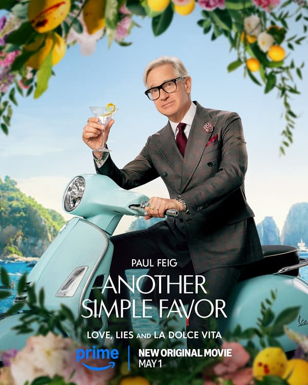 An illustration promoting 'Another Simple Favor,' featuring a well-dressed man with glasses holding a martini while sitting on a light blue scooter, surrounded by a vibrant floral background. The text indicates it is a new original movie debuting on Prime on May 1.