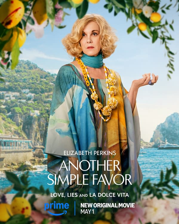 A woman with curly blonde hair, wearing a colorful outfit and a large floral necklace, stands against a scenic backdrop of a coastal landscape. The text in the foreground reads "ANOTHER SIMPLE FAVOR: LOVE, LIES AND LA DOLCE VITA" along with details about the Prime original movie releasing on May 1.