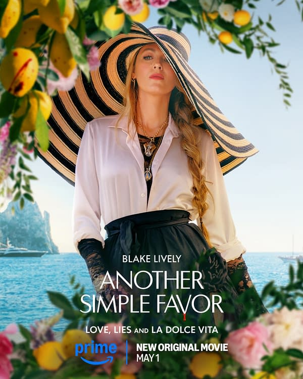 A glamorous promotional image for the movie 'Another Simple Favor,' featuring a woman with long blonde hair wearing a large striped sun hat and a white blouse, set against a scenic background of the sea and vibrant flowers. It includes the film's title and release date, emphasizing themes of love and intrigue.