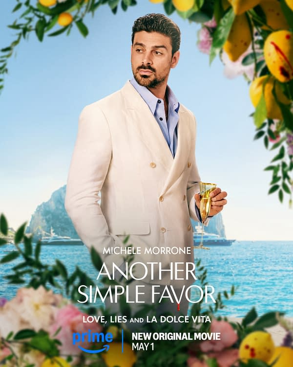 A promotional illustration for the movie 'Another Simple Favor,' featuring Michele Morrone in a light suit holding a drink, set against a scenic coastal background decorated with flowers and citrus fruits.