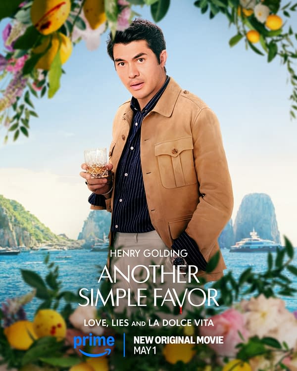 A promotional image for the movie 'Another Simple Favor,' featuring a man holding a glass of beverage, standing against a vibrant coastal backdrop with flowers and lemons framing the scene. The title and release details for the film are displayed prominently.