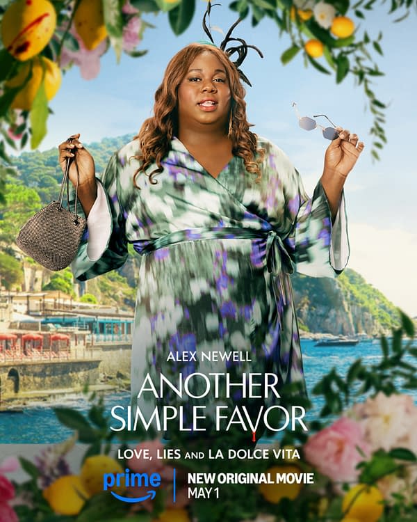 A vibrant promotional image for the movie 'Another Simple Favor,' featuring Alex Newell wearing a colorful robe and holding a small handbag and sunglasses, set against a picturesque coastal background. The text highlights the film's title, tagline, and release date.