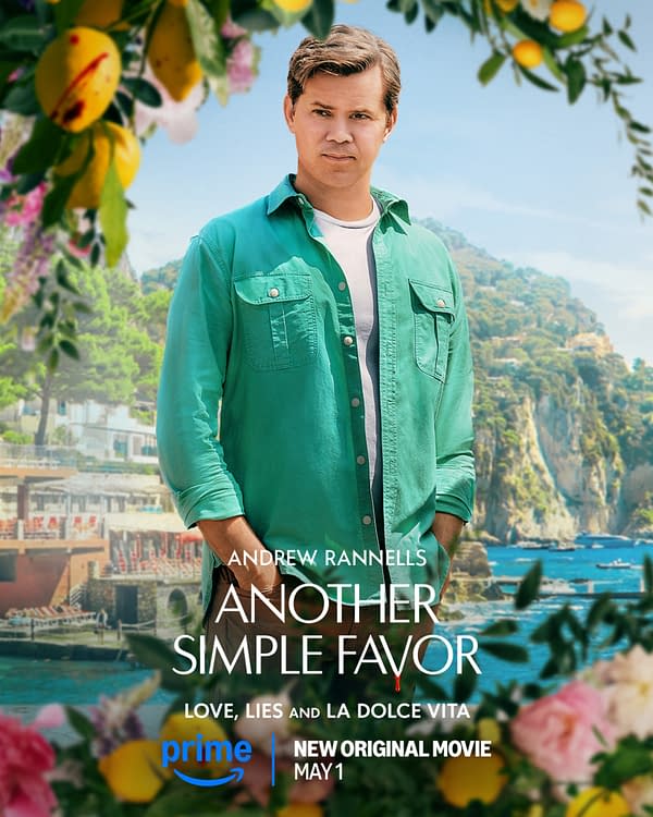 A promotional image for the movie 'Another Simple Favor' featuring Andrew Rannells wearing a green shirt. The background depicts a scenic coastal view with lemon branches and flowers framing the scene, highlighting themes of love and intrigue.