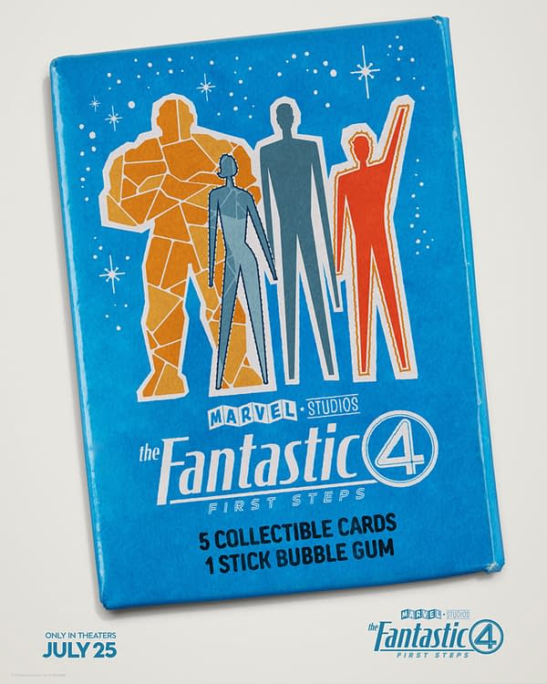 A bright blue box featuring colorful, stylized silhouettes of four characters, representing the Fantastic Four, with text indicating it contains collectible cards and bubble gum. The design promotes the film 'The Fantastic Four: First Steps' and includes release details.