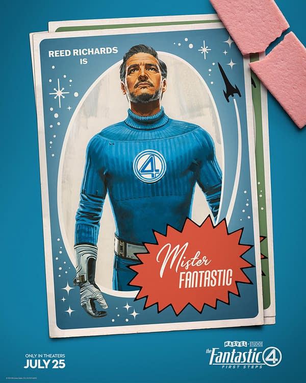 A retro-style illustration featuring Reed Richards, also known as Mister Fantastic, in a blue superhero suit with the number 4 emblem. The design includes a starry background with a speech bubble announcing his character name, promoting the upcoming film 'The Fantastic Four: First Steps'.