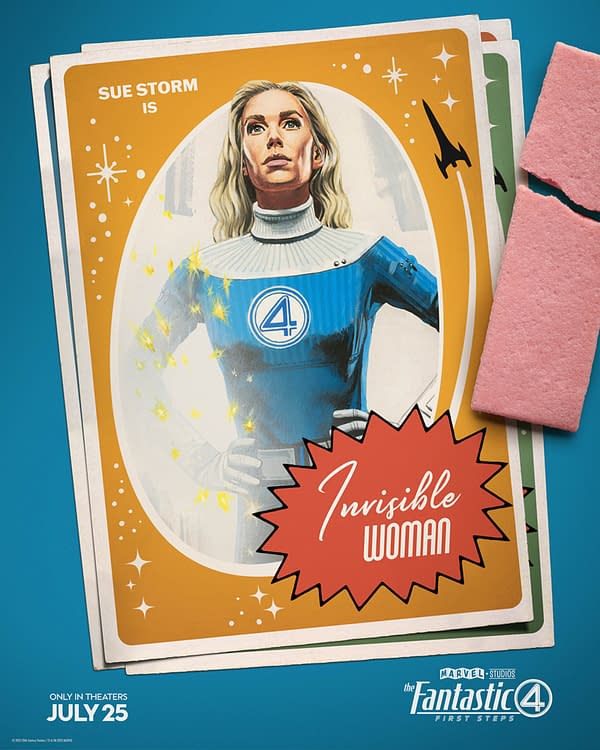 A colorful illustration advertising the character Sue Storm, also known as the Invisible Woman, from the Fantastic Four. She is depicted confidently in a blue costume with a large '4' logo, surrounded by a retro design featuring stars and pink elements.