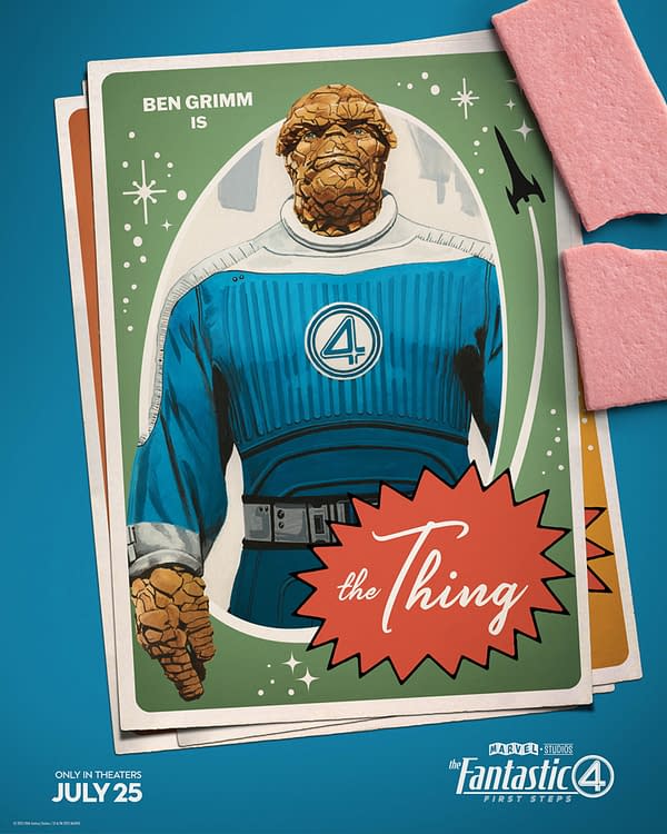 An illustrated promotional poster featuring the character Ben Grimm, known as 'The Thing,' from Marvel's Fantastic Four, shown in a blue outfit with the number 4 symbol. The design includes playful elements and text highlighting the character and the film release date.