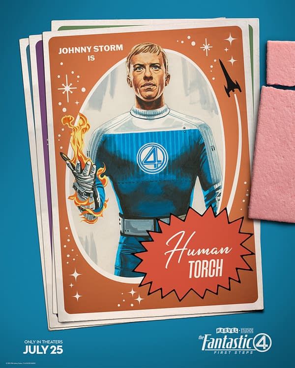 An illustration features Johnny Storm, known as the Human Torch, depicted in a retro style with flames in one hand, wearing a blue superhero costume with a logo of the number four. The background includes colorful starburst designs, and text highlights his name and character.