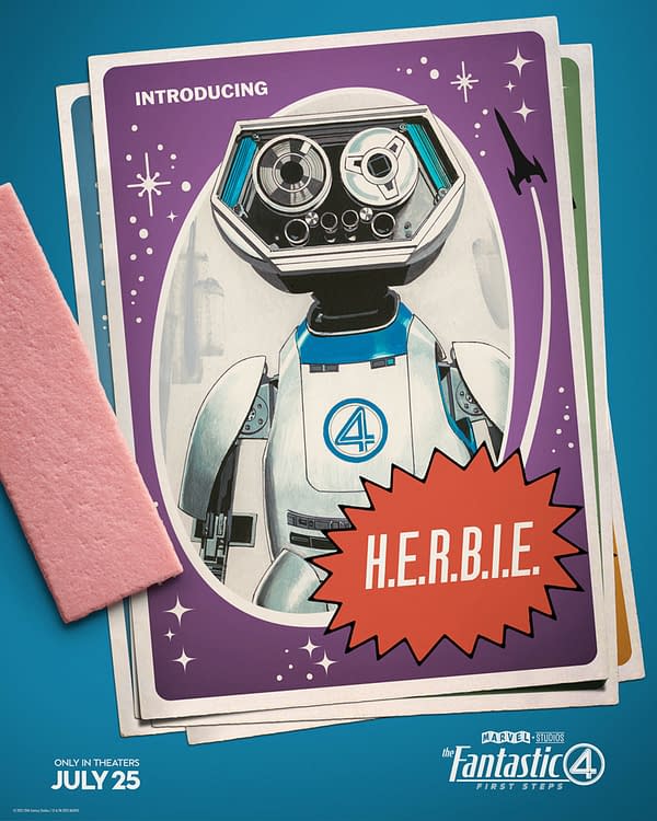 A colorful illustration introducing H.E.R.B.I.E., a robot character from the Fantastic Four, featuring a prominent number 4 on its chest and surrounded by playful design elements. The backdrop includes pastel colors and a hint of space-themed graphics, emphasizing its superhero theme.