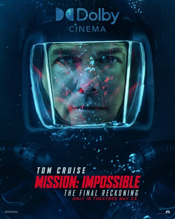 A promotional poster for 'Mission: Impossible – The Final Reckoning' featuring a close-up of Tom Cruise wearing a helmet, with a dramatic underwater environment and visual effects in the background. The title and release date are prominently displayed at the bottom.
