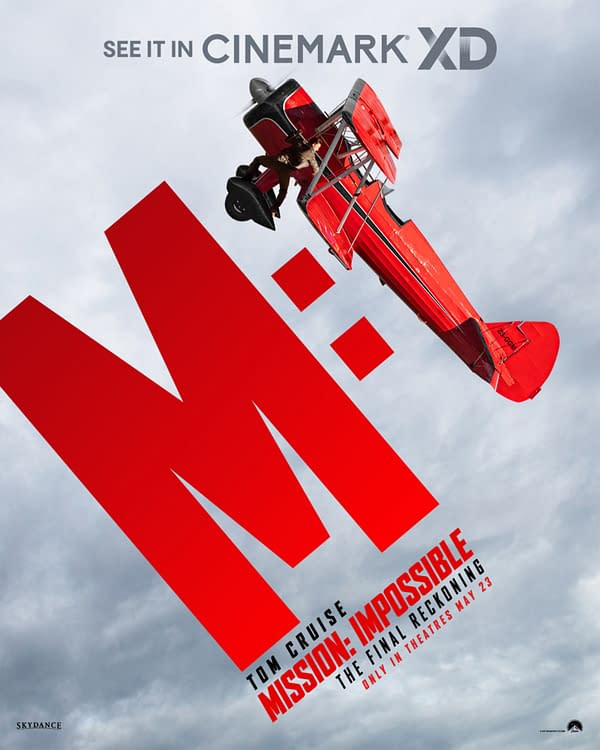 A promotional poster for 'Mission: Impossible – The Final Reckoning' featuring an aerial view of a red airplane and a character hanging onto it. The title is prominently displayed in bold red lettering alongside details about its theatrical release.